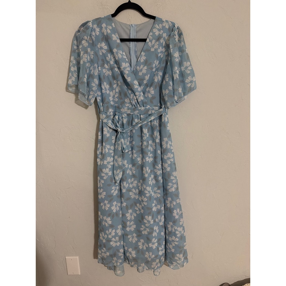 Womens Light Blue Floral Chiffon Midi Dress V-Neck Flutter Sleeve Tie Waist